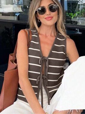 Striped Tie-Front Knit Tank Top